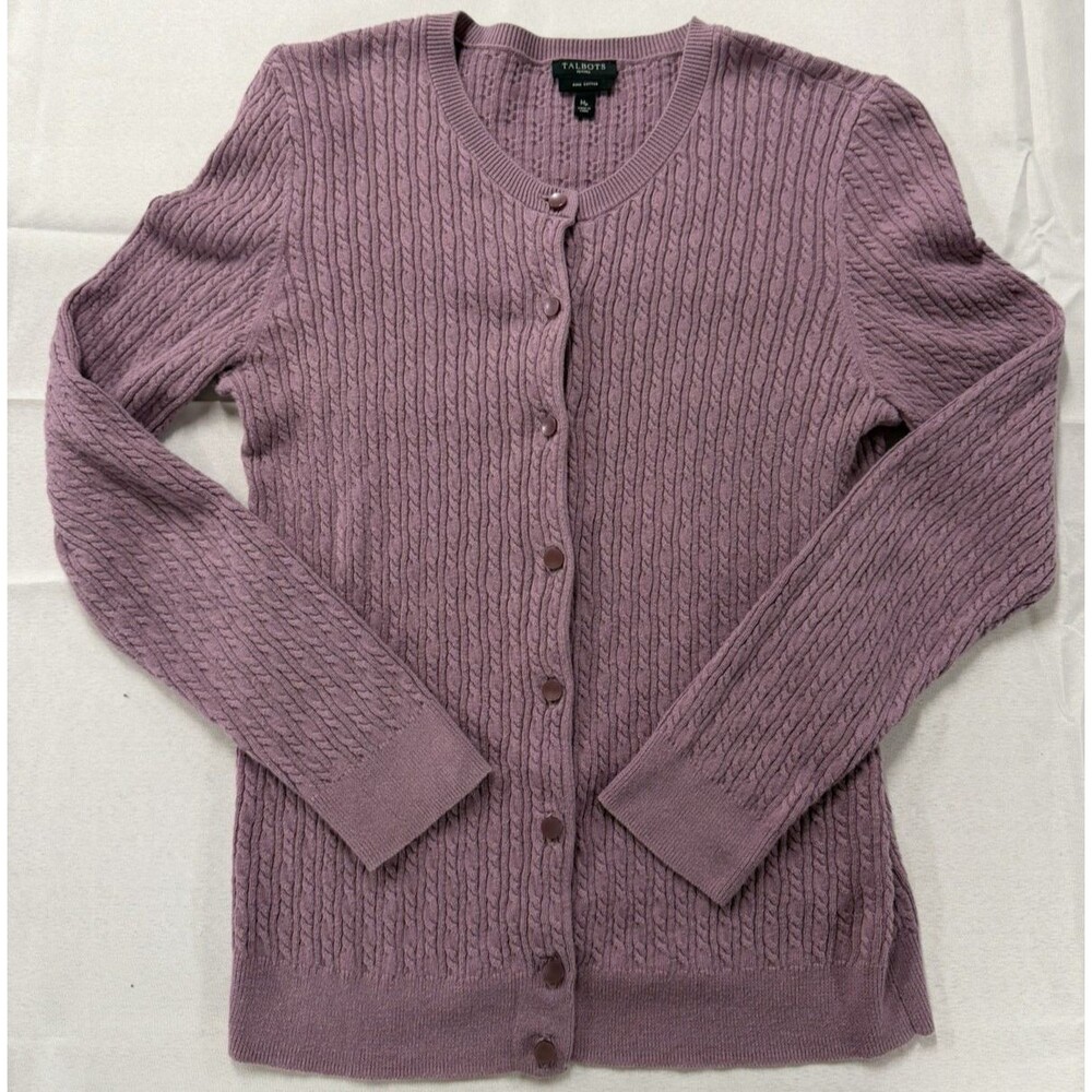 Talbots Lilac Purple Pima Cotton Cable Knit Cardigan Petite M Business Preppy